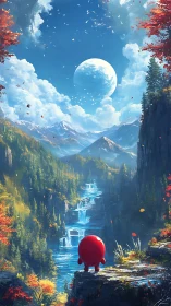 Red figure studies cascading river under vast blue moon