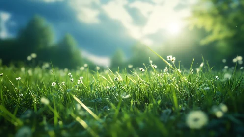 Close-up view of green grass and small flowers in sunlight.