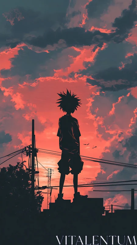 Silhouetted youth contemplates a neon red stormy sunset sky.