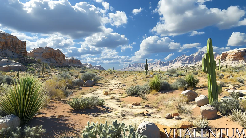 Sunlit desert trail winding through cactus and quiet cliffs.