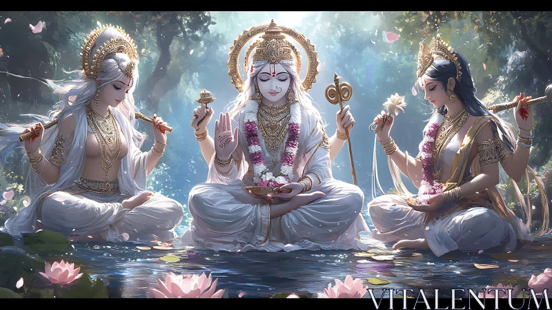 Serene seated deities in white robes beside lotus waterway.