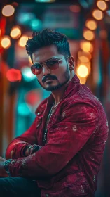 City lights frame a confident man in a bold red jacket