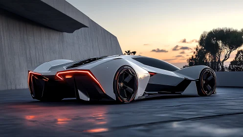 Futuristic white supercar glows at sunset on sleek terrace.