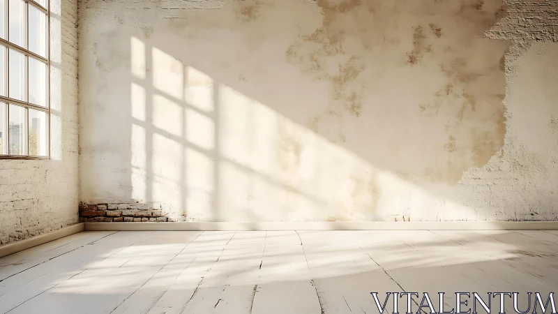 Sunlit loft hush with peeling walls and pale wooden echoes.
