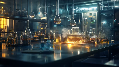 Alchemical nightshift in a neon-lit laboratory of glowing glass.