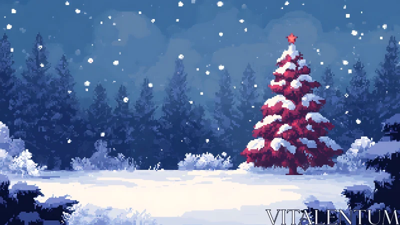 Crimson pixel Christmas tree glows in snowy midnight forest.