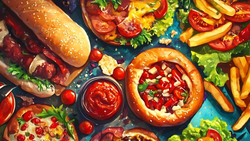 Color-splashed street feast of burgers, fries and saucy bites.