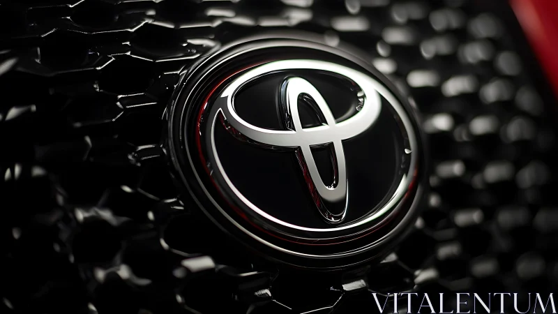 Shiny Toyota car badge glowing on a sleek black grille.