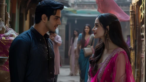 Colonial Romance: Cinematic Dialogue in Ornate Urban Setting.