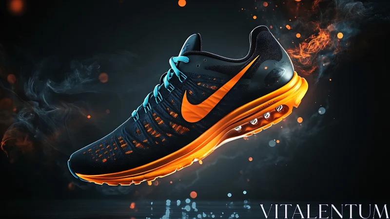 Neon orange running shoe with dynamic smoke lighting effects.