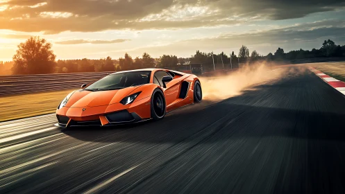 Orange supercar powers through sunset racetrack corner at speed