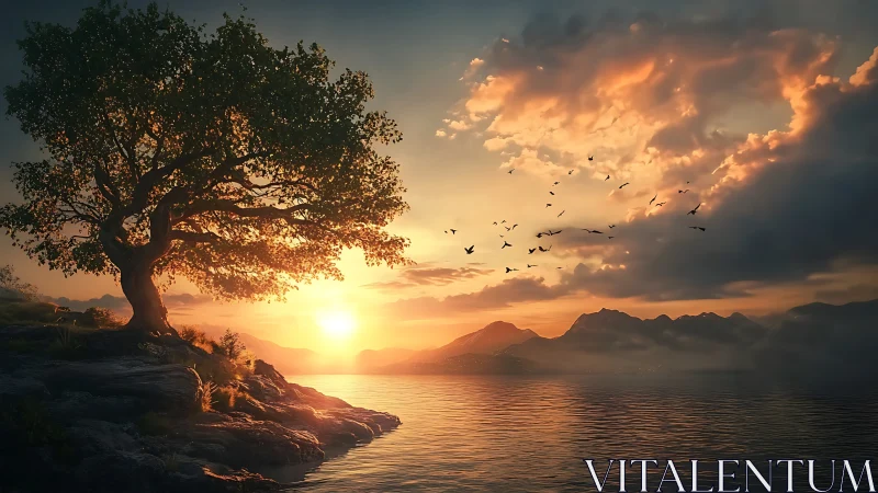 Lone coastal tree against sunset over calm mountain lake.