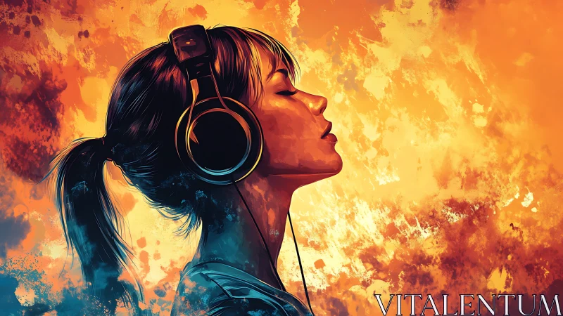 Young woman with headphones against bright abstract backdrop.