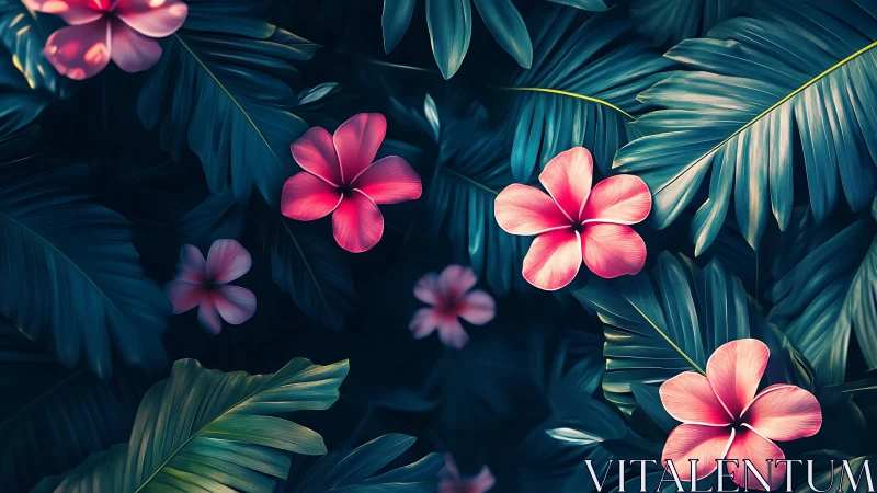 Tropical Plumerias Bloom Among Teal Palm Leaves.