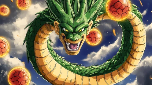 Sky-coiled dragon laughs while crystal orbs ignite clouds