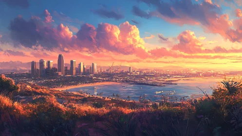Sunlit coastal metropolis under glowing sunset clouds.