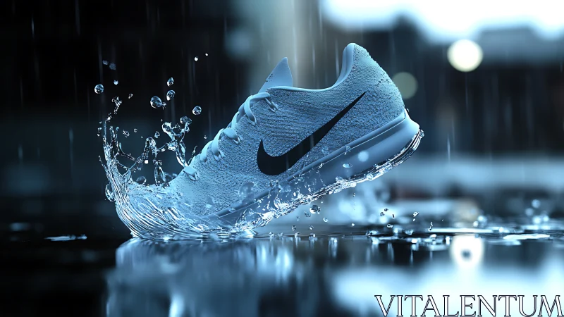 Athletic running shoe in sharp midair water splash motion.