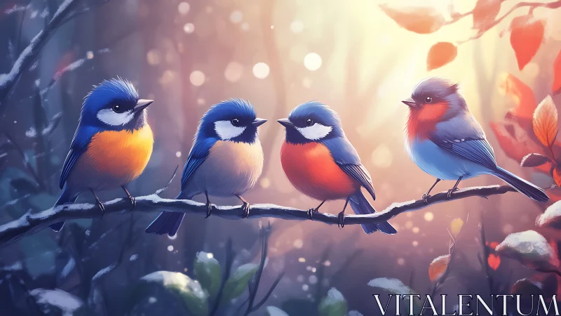 Four Colorful Songbirds on Branch in Soft Fantasy Art Style.