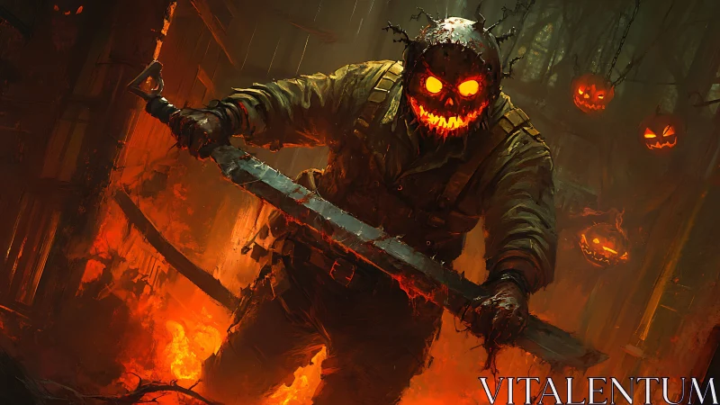 Pumpkin-headed horror stalks a burning haunted forest path