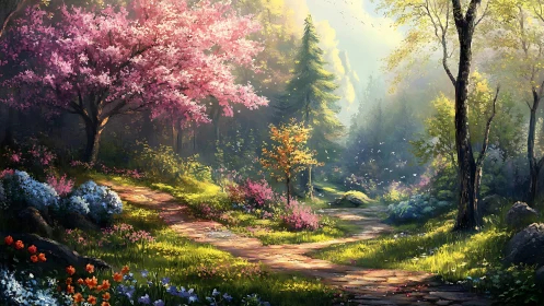 Sunlit forest path winds through blooming spring woodland sanctuary