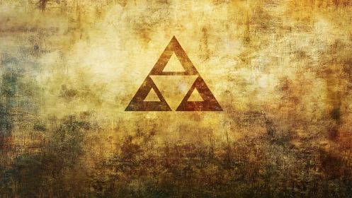 Geometric triangle emblem is centered on textured grunge field