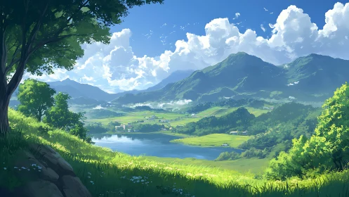 Sunlit valley lake under towering summer mountain clouds.