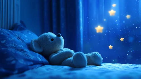 Teddy bear lies on bed under blue light with glowing stars