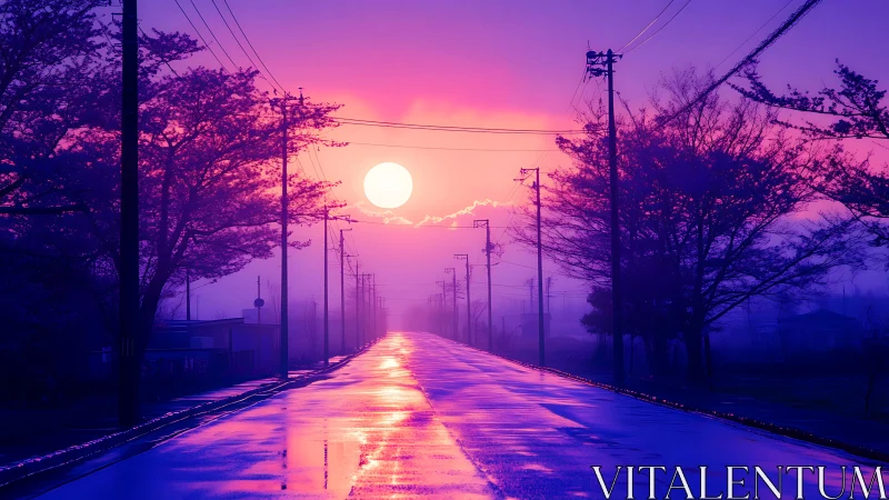 Sunset glows over wet rural road with vivid neon tones