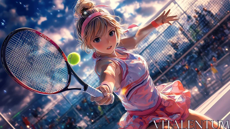 Sunlit tennis rally with determined anime girl in motion.