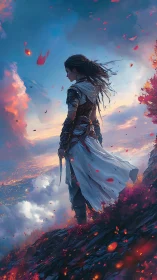 Warrior overlooks burning valley from storm-lit cliff edge