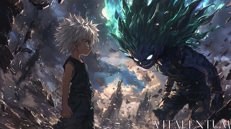 Child of storms confronts grinning void spirit amid ruins.