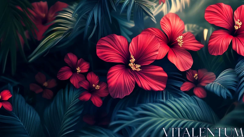 Crimson Blooms Glow Against Deep Teal Foliage in Nature.