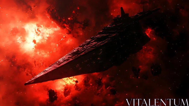 Large wedge-shaped spacecraft in dense red nebula field.