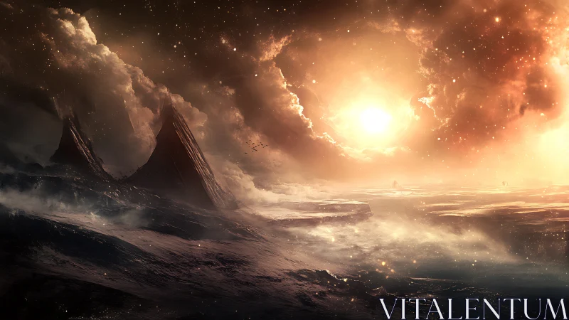 Binary star horizon over eroded alien terrain at dusk.