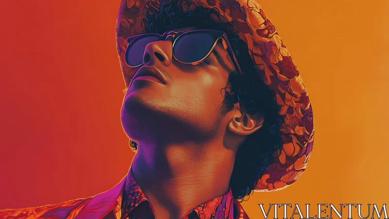 Stylized portrait of man in hat and sunglasses, warm tones.