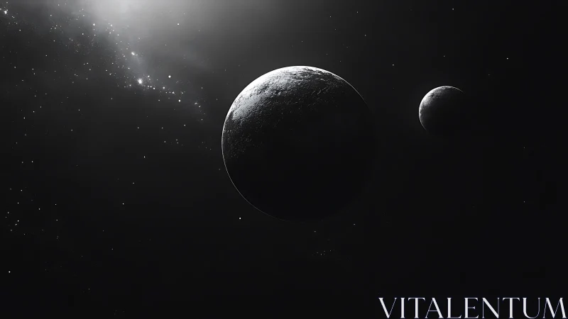 Twin shadowed planets drift through deep monochrome space