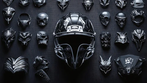 Row of black chrome sci fi helmets and masks fills frame