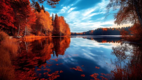 Digital painting of autumn lake with mirrored treeline symmetry.