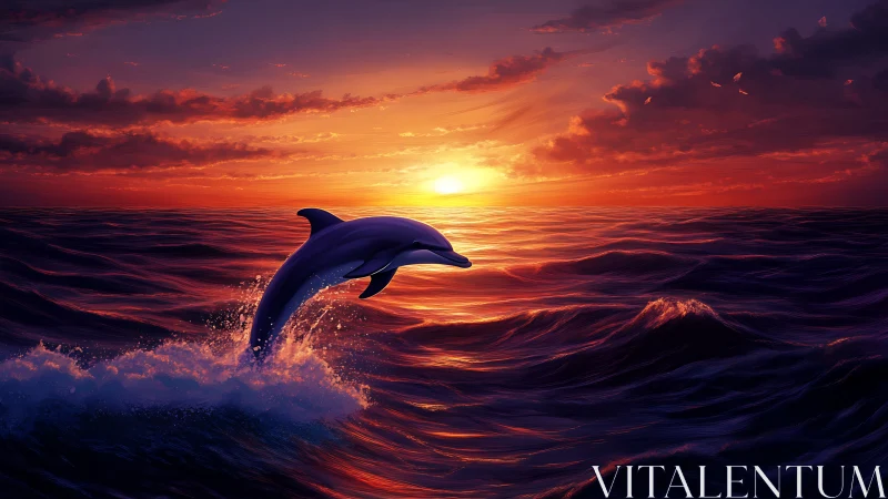 Dolphin breaching through spectrally lit sunset ocean waves.