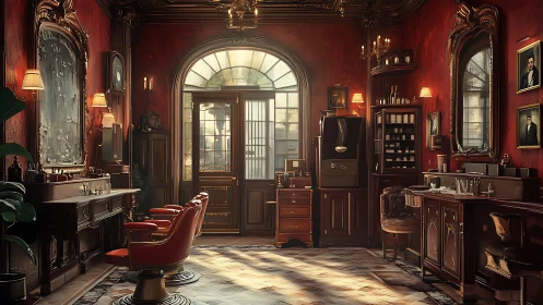 Sunlit vintage barbershop wrapped in deep red charm.