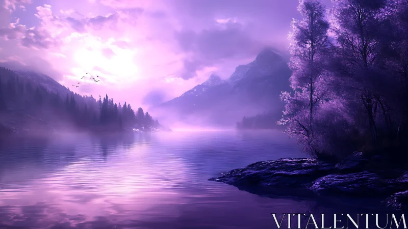 Gentle violet sunrise glows over a misty enchanted lake