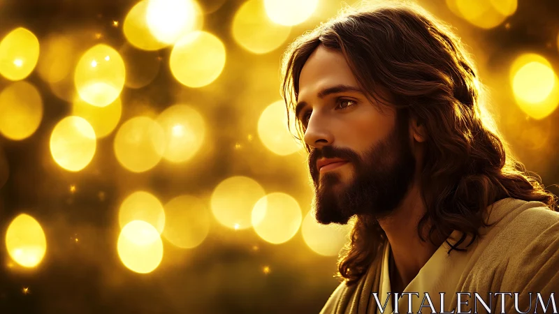 Gentle robed man gazes softly amid warm golden lights