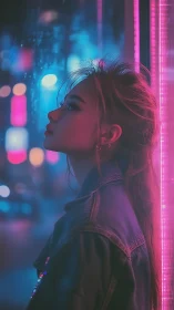 Neon side-profile portrait in bokeh-saturated urban dusk.