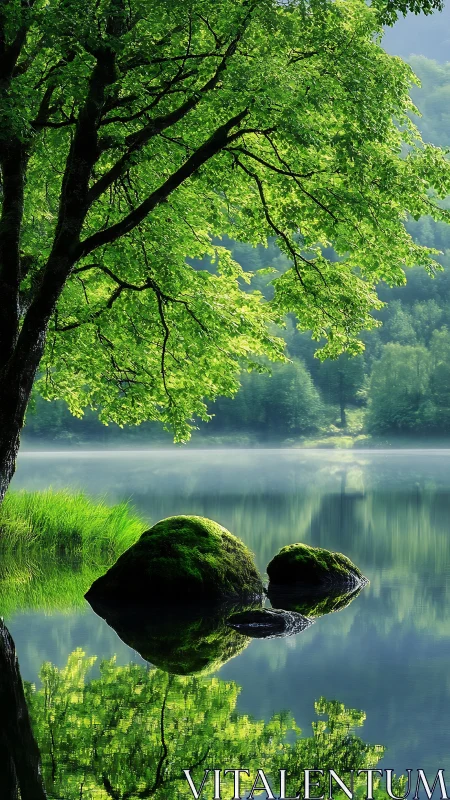 Emerald lakeside hush where mossy stones cradle quiet light.