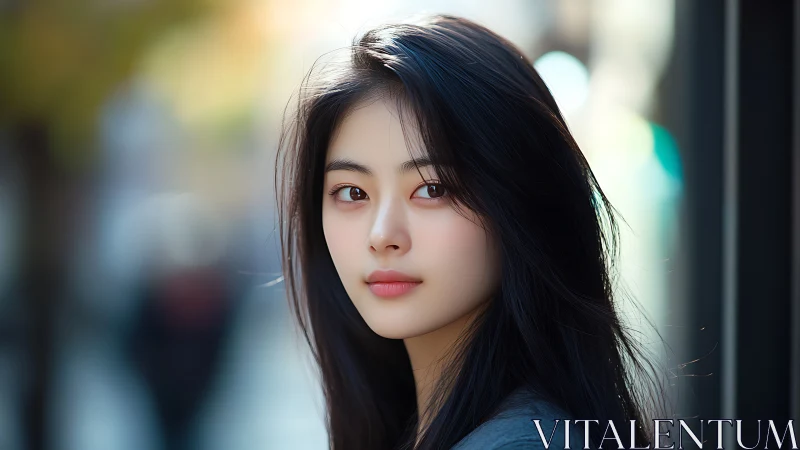 Soft street portrait captures calm, luminous expression beautifully.