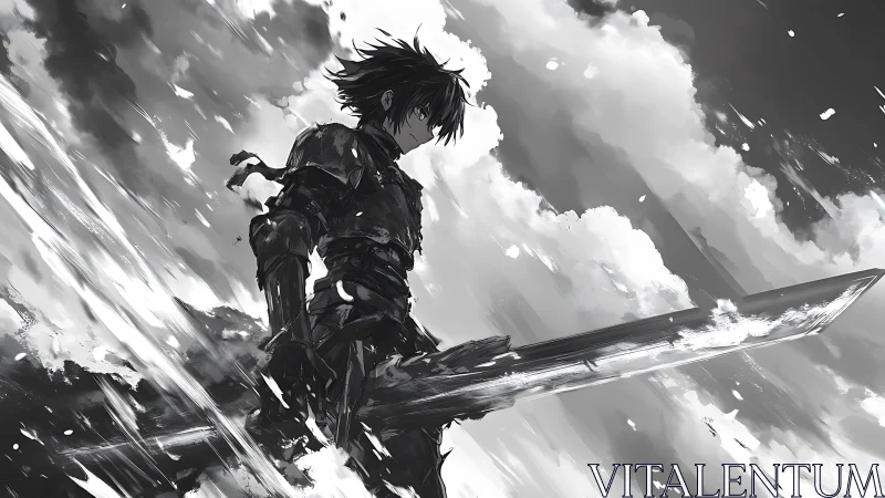 Armored swordsman silhouette against dynamic cloud sky.