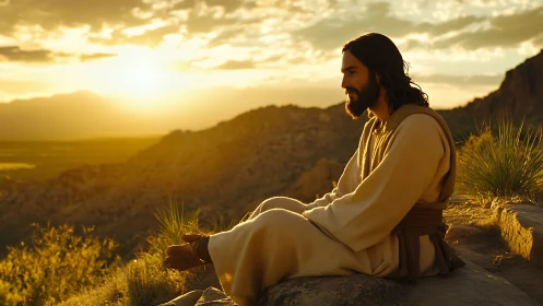 Contemplative robed figure at golden desert sunset vista.