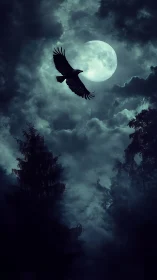 Dark raven in flight across full moon over misty forest.
