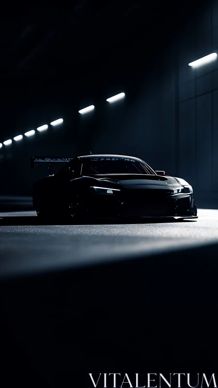 Midnight race car poised under stark tunnel lights.