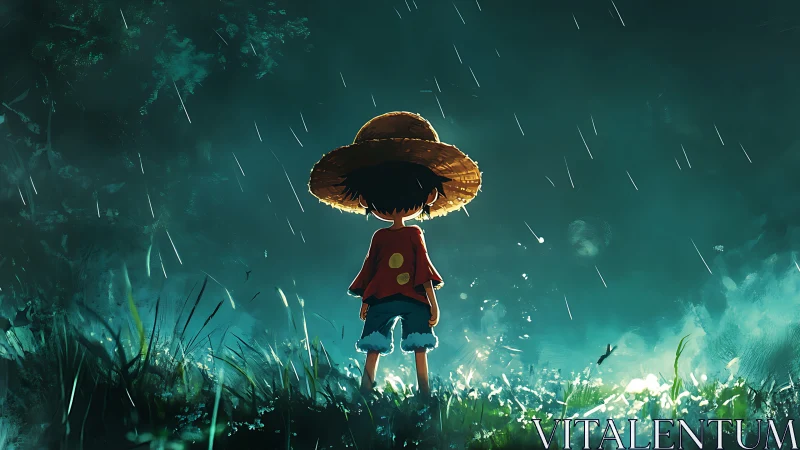 Child in straw hat stands in rain within illuminated field